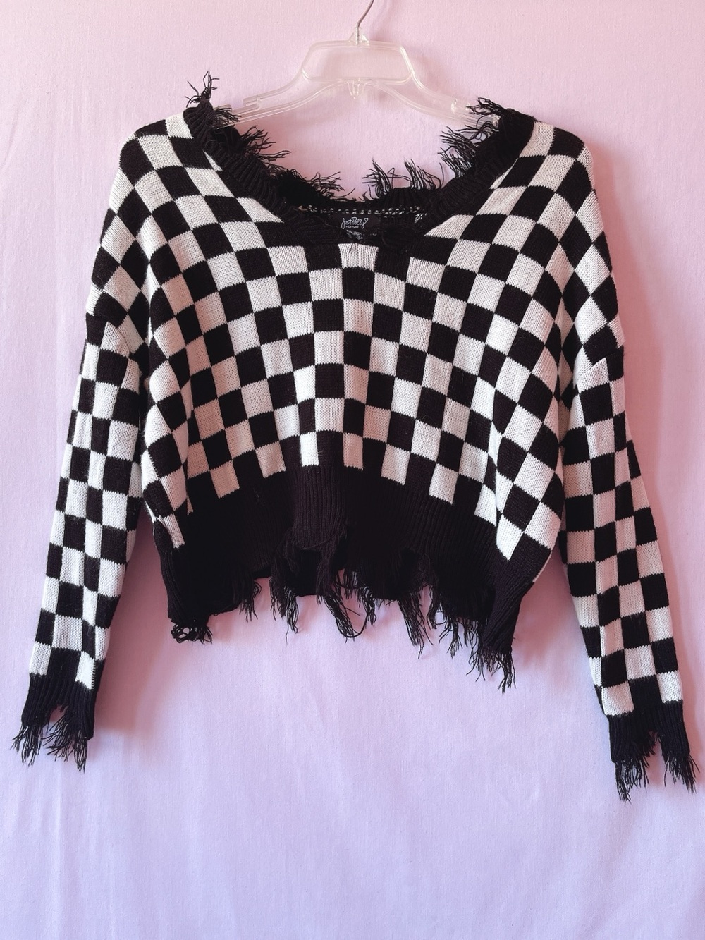 Just Polly Checkered Fringe Crop Sweater Top 🖤🔲